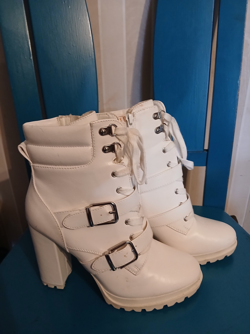 Shoe Dazzle White Lug Heel Ankle Boots with Buckles and Lace-Up